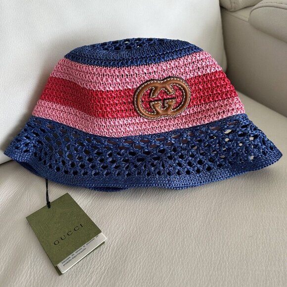 NWT GUCCI  Gg-Logo Striped Faux-Raffia Hat $750 SZ M Bucket Pink Blue Red - Picture 9 of 9